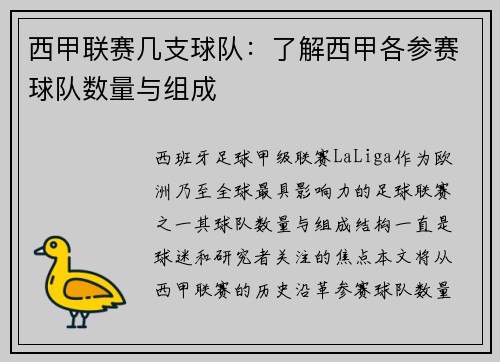 西甲联赛几支球队：了解西甲各参赛球队数量与组成